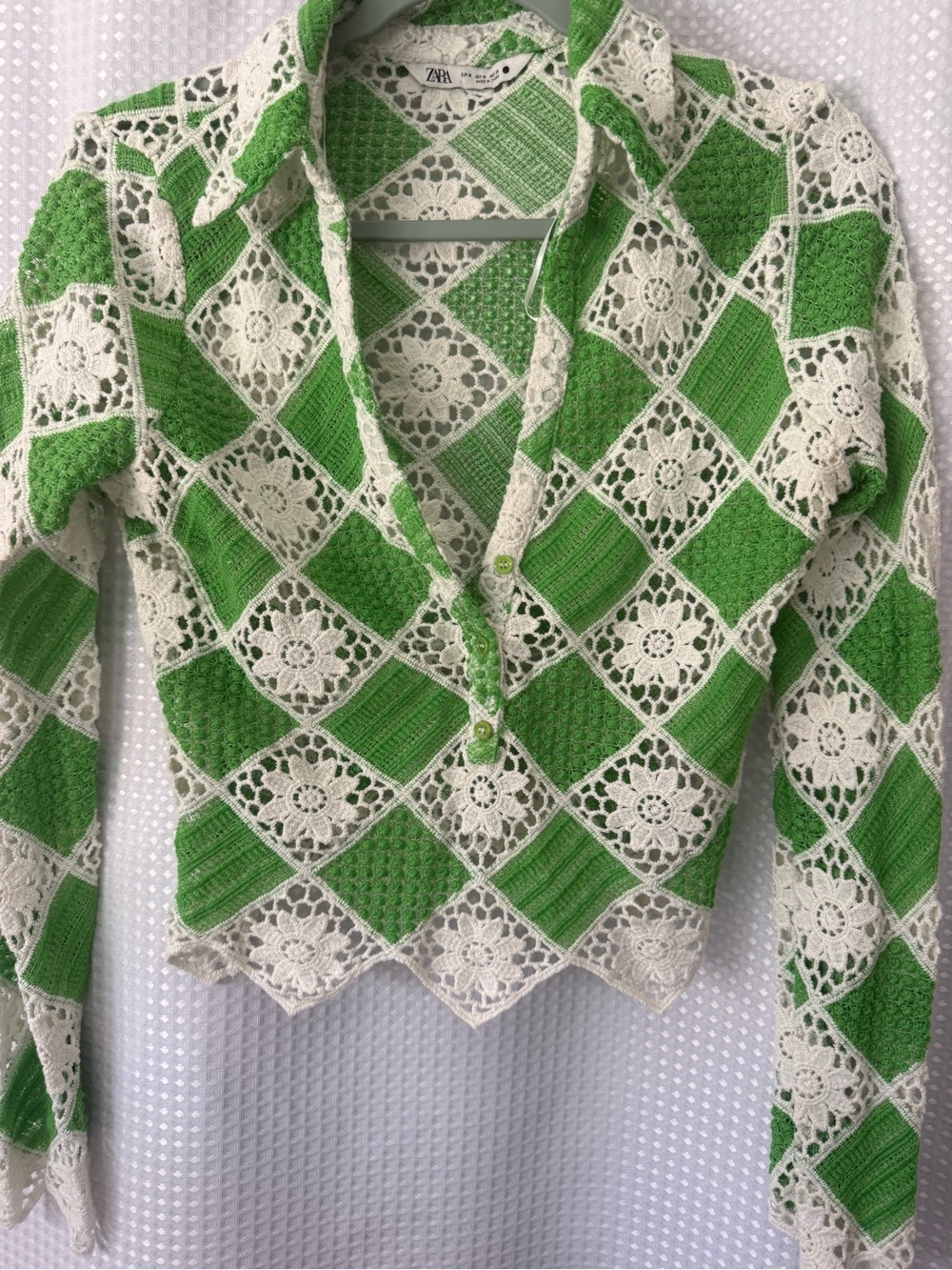 Zara Green and White Crochet Button-Down Shirt